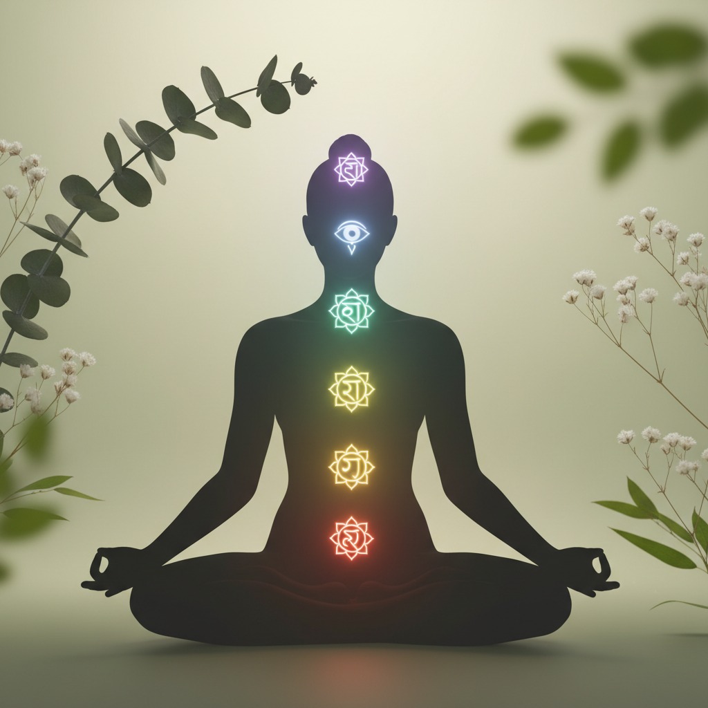 A silhouette of a person meditating in a lotus position features glowing, colorful chakra symbols aligned along their spine against a soft, botanical background.